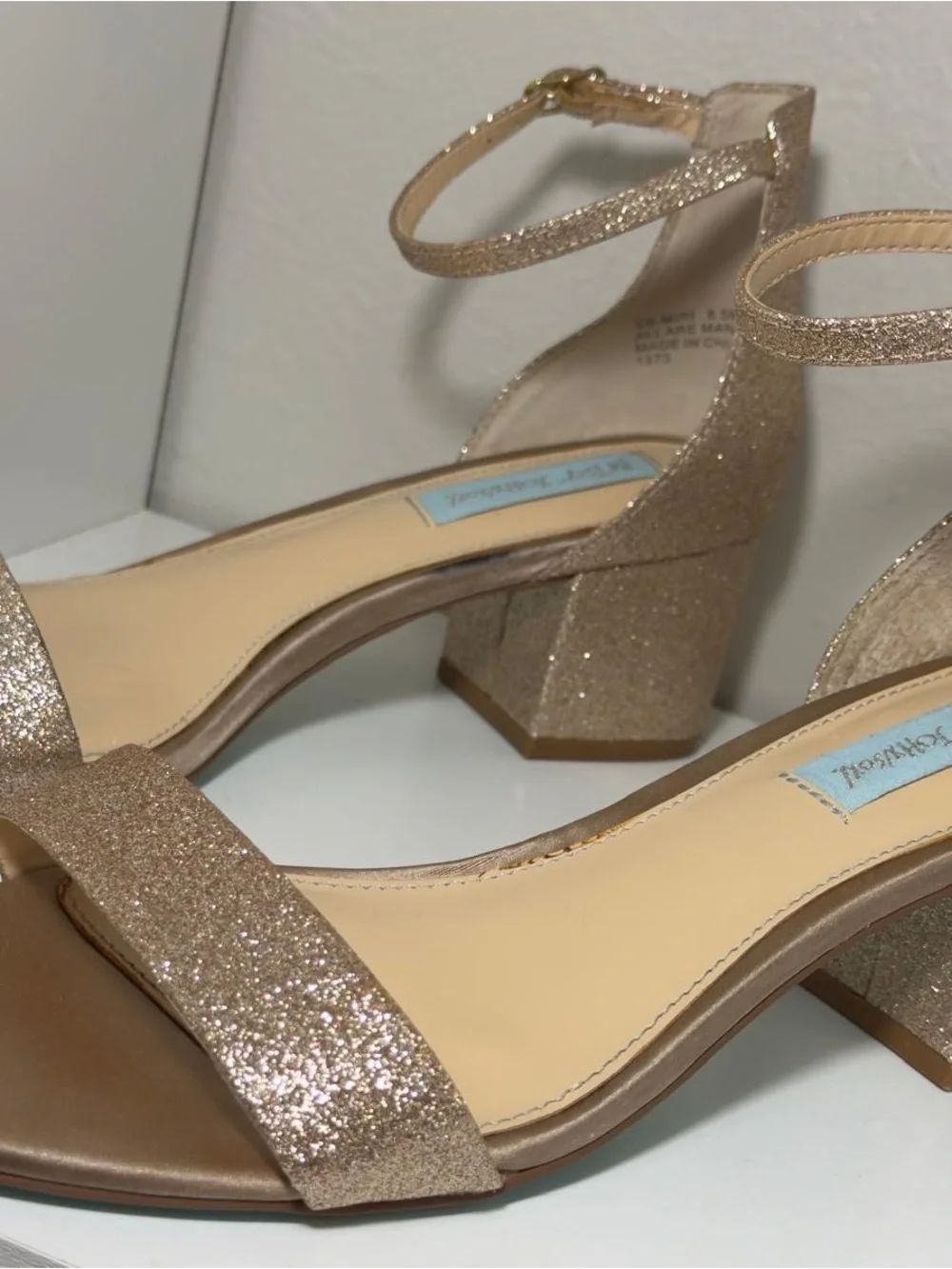 Betsey Johnson Rose Gold Glitter Block Heel Sandals